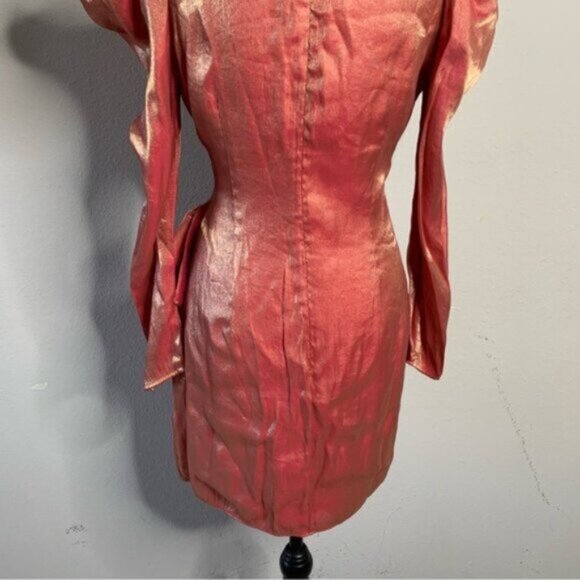 Elliatt Metallic Copper Gold Puff Shoulder Long Sleeve Wrap Mini Dress - Picture 12 of 14